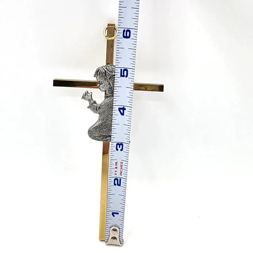 Wall Cross Crucifix with Pewter Praying Child Gold Toned Brass Baptism Gift 6 In